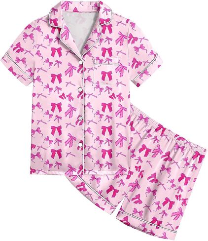 𝗚irls Bow Pajamas Sets 2 Piece Silk Satin Pink Puff Cute Preppy Clothes Button Down Short Sleeve 𝗞ids Sleepwear Pjs Sets in Saudi Arabia