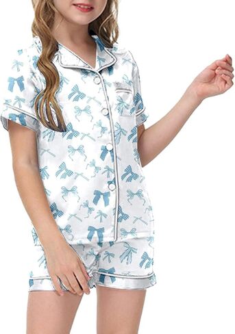 𝗚irls Bow Pajamas Sets 2 Piece Silk Satin Pink Puff Cute Preppy Clothes Button Down Short Sleeve 𝗞ids Sleepwear Pjs Sets in Saudi Arabia