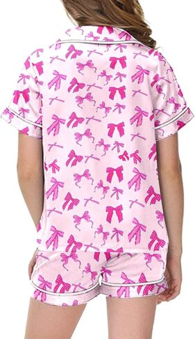 𝗚irls Bow Pajamas Sets 2 Piece Silk Satin Pink Puff Cute Preppy Clothes Button Down Short Sleeve 𝗞ids Sleepwear Pjs Sets in Saudi Arabia