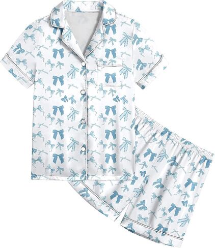 𝗚irls Bow Pajamas Sets 2 Piece Silk Satin Pink Puff Cute Preppy Clothes Button Down Short Sleeve 𝗞ids Sleepwear Pjs Sets in Saudi Arabia