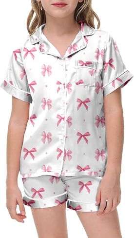 𝗚irls Bow Pajamas Sets 2 Piece Silk Satin Pink Puff Cute Preppy Clothes Button Down Short Sleeve 𝗞ids Sleepwear Pjs Sets in Saudi Arabia