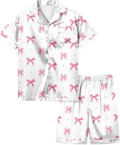 𝗚irls Bow Pajamas Sets 2 Piece Silk Satin Pink Puff Cute Preppy Clothes Button Down Short Sleeve 𝗞ids Sleepwear Pjs Sets in Saudi Arabia