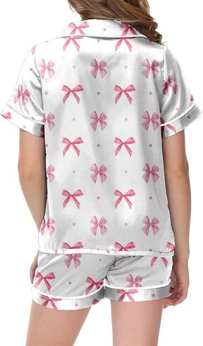 𝗚irls Bow Pajamas Sets 2 Piece Silk Satin Pink Puff Cute Preppy Clothes Button Down Short Sleeve 𝗞ids Sleepwear Pjs Sets in Saudi Arabia