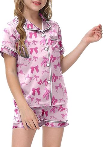 𝗚irls Bow Pajamas Sets 2 Piece Silk Satin Pink Puff Cute Preppy Clothes Button Down Short Sleeve 𝗞ids Sleepwear Pjs Sets in Saudi Arabia
