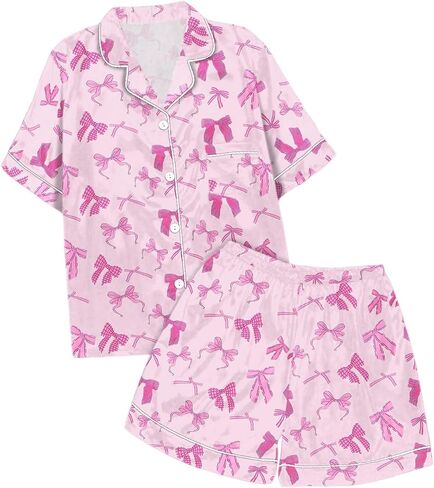 𝗚irls Bow Pajamas Sets 2 Piece Silk Satin Pink Puff Cute Preppy Clothes Button Down Short Sleeve 𝗞ids Sleepwear Pjs Sets in Saudi Arabia
