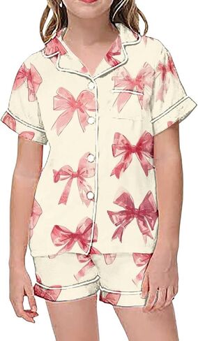 𝗚irls Bow Pajamas Sets 2 Piece Silk Satin Pink Puff Cute Preppy Clothes Button Down Short Sleeve 𝗞ids Sleepwear Pjs Sets in Saudi Arabia