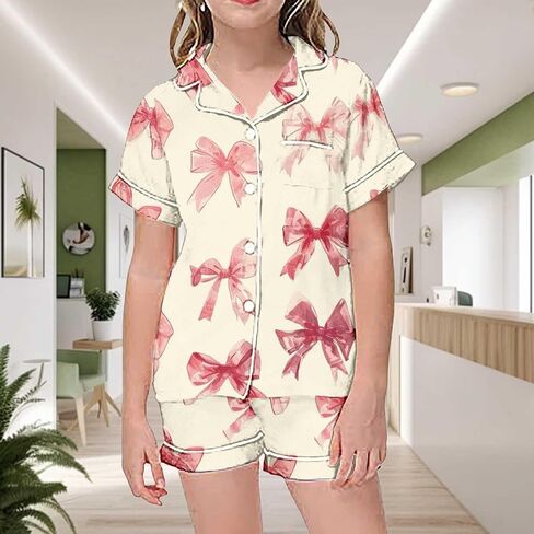 𝗚irls Bow Pajamas Sets 2 Piece Silk Satin Pink Puff Cute Preppy Clothes Button Down Short Sleeve 𝗞ids Sleepwear Pjs Sets in Saudi Arabia