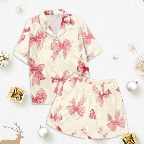 𝗚irls Bow Pajamas Sets 2 Piece Silk Satin Pink Puff Cute Preppy Clothes Button Down Short Sleeve 𝗞ids Sleepwear Pjs Sets in Saudi Arabia