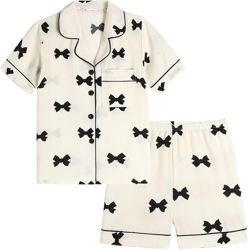 Girls Pajamas Short Sleeve with Shorts Button Down Loose Fit Summer Sleepwear Soft Wrinkle Muslin Nighty 2pcs in Kuwait