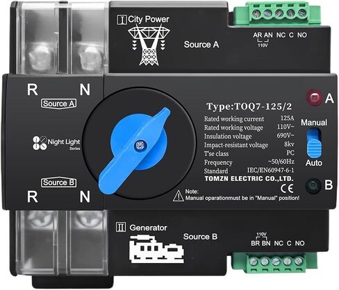 Din Rail ATS 110V 120V Dual Power Automatic Transfer Electrical Selector Switch Uninterrupted 2P 63A 100A 125A(100A) in Saudi Arabia