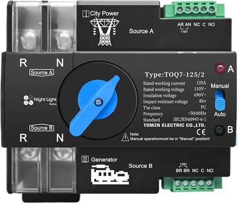 Din Rail ATS 110V 120V Dual Power Automatic Transfer Electrical Selector Switch Uninterrupted 2P 63A 100A 125A(100A) in Saudi Arabia