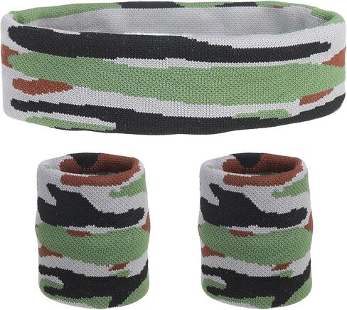 MECCANIXITY Sweat Band Set Sports Terry Cloth Headband Wristband Set Moisture Wicking Sweat Absorbing Head Band for Women Men Workout Exercise (Striped Camouflage) in Saudi Arabia