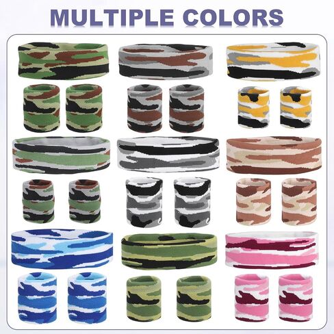 MECCANIXITY Sweat Band Set Sports Terry Cloth Headband Wristband Set Moisture Wicking Sweat Absorbing Head Band for Women Men Workout Exercise (Striped Camouflage) in Saudi Arabia