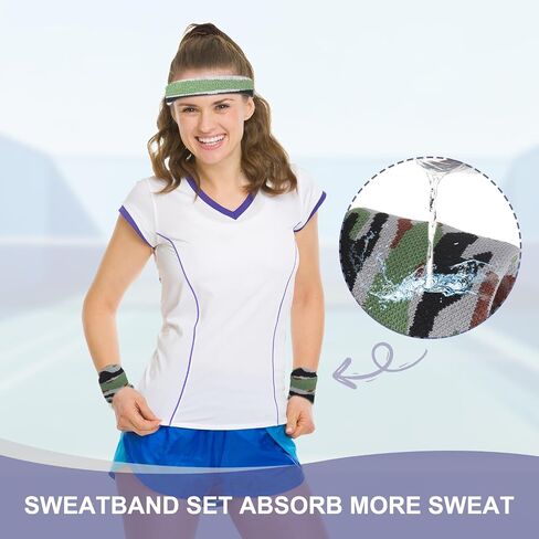 MECCANIXITY Sweat Band Set Sports Terry Cloth Headband Wristband Set Moisture Wicking Sweat Absorbing Head Band for Women Men Workout Exercise (Striped Camouflage) in Saudi Arabia