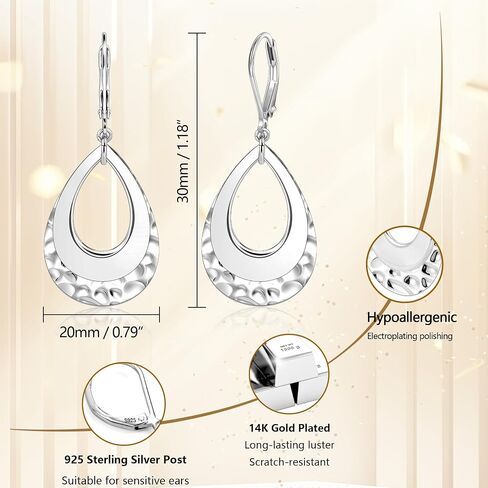 925 Sterling Silver Teardrop Dangle أقراط للنساء طبقة متدلية قطرة تتدلى من المجوهرات Hypoallergenic Boho Teardrop Leverback Dangle Elings for Jewelry Gifts in Kuwait