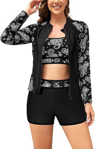 SHEKINI Women's 3 Piece Rash Guard Long Sleeve Swimsuits Zip Up Sun Protection Swim Shirts Built in Bra with Boyshorts in Saudi Arabia