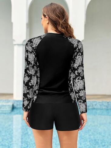 SHEKINI Women's 3 Piece Rash Guard Long Sleeve Swimsuits Zip Up Sun Protection Swim Shirts Built in Bra with Boyshorts in Saudi Arabia