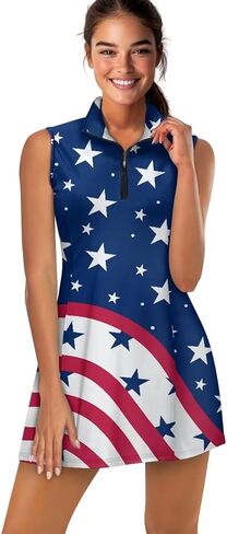Biyejit Women's Tennis Golf Dresses Zip Up Workout Athletic Sleeveless Dress with Shorts and Pocket Pickleball Outfits in Kuwait