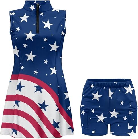 Biyejit Women's Tennis Golf Dresses Zip Up Workout Athletic Sleeveless Dress with Shorts and Pocket Pickleball Outfits in Kuwait