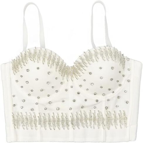 Beaded Chain Vest Nightclub Women Sexy Back Suspenders Bra Vest Vest Performance Costume Bra Women(Beige,34B) in Kuwait