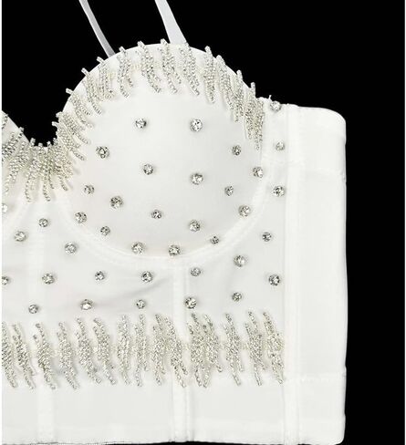 Beaded Chain Vest Nightclub Women Sexy Back Suspenders Bra Vest Vest Performance Costume Bra Women(Beige,34B) in Kuwait