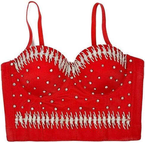 Beaded Chain Vest Nightclub Women Sexy Back Suspenders Bra Vest Vest Performance Costume Bra Women(Beige,34B) in Kuwait