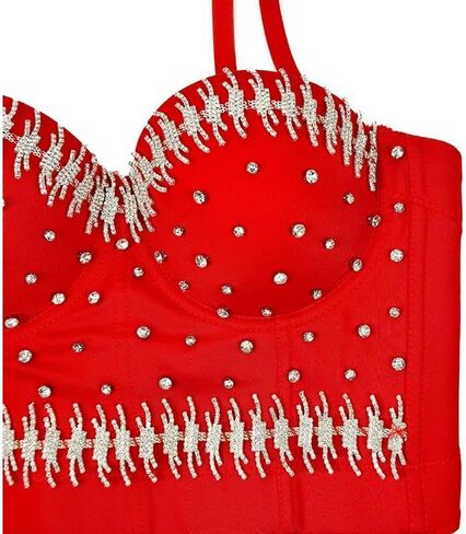 Beaded Chain Vest Nightclub Women Sexy Back Suspenders Bra Vest Vest Performance Costume Bra Women(Beige,34B) in Kuwait