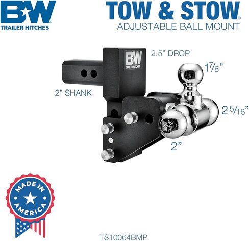 B&W Trailer Hitches MultiPro Tow & Stow Adjustable Trailer Hitch Ball Mount Compatible with MultiPro Tailgate - Fits 2" Receiver, Tri-Ball (1-7/8" x 2" x 2-5/16"), 2.5" Drop, 10,000 GTW - TS10064BMP in Saudi Arabia