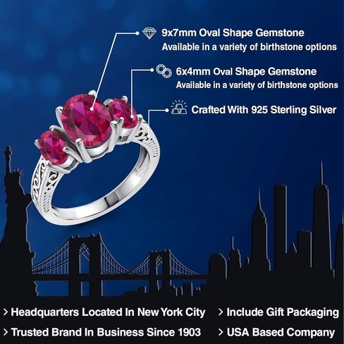 Gem Stone King 925 Sterling Silver Gemstone Birthstone 3-Stone Ring | Oval 9X7MM and 6X4MM | Three Stone Wedding Engagement Anniversary Promise Ring For Women in Saudi Arabia