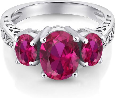 Gem Stone King 925 Sterling Silver Gemstone Birthstone 3-Stone Ring | Oval 9X7MM and 6X4MM | Three Stone Wedding Engagement Anniversary Promise Ring For Women in Saudi Arabia