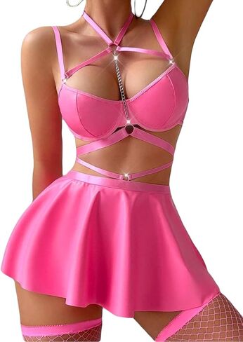 Women Sexy Leather Lingerie Set Choker Chain Mini Lingerie Dress Strappy Bra Skirt Outfits in Saudi Arabia
