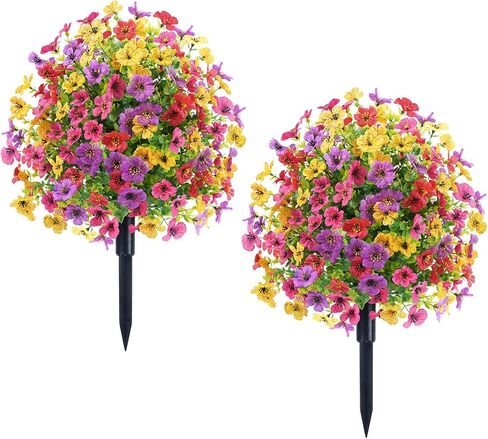 23.6" Purple Faux Flowers for Outdoor Planters, Artificial Flowers for Outdoors UV Resistant Topiary Ball Trees, Faux Bushes with Ground Stake,Greenery Fake Plants for Garden Front Porch Decorations in Saudi Arabia