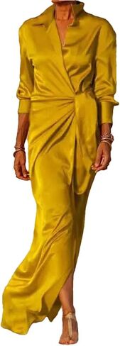 Women's Lapel Long Sleeve Slit Shiny Slim Fit Evening Red Long Dress in Saudi Arabia