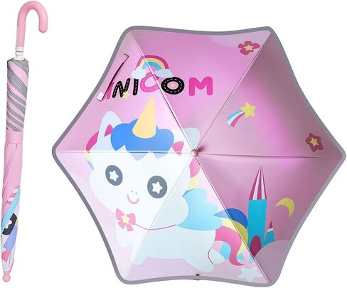 Baodini Kids UV ومظلة المطر الحماية من أشعة الشمس مع حواف مستديرة للأولاد الصغار الصغار سهلة GRP منحنية مقبض عصا مظلة مع شريط عاكس in Kuwait