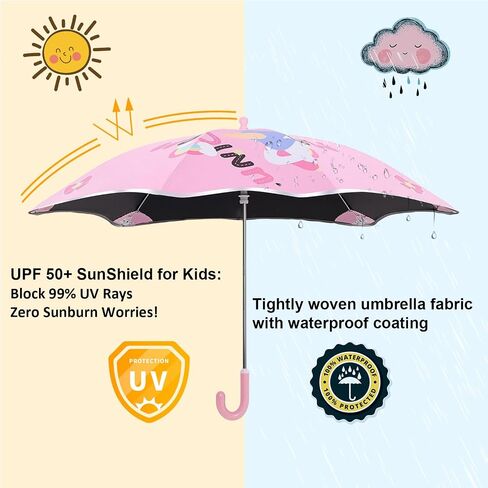 Baodini Kids UV ومظلة المطر الحماية من أشعة الشمس مع حواف مستديرة للأولاد الصغار الصغار سهلة GRP منحنية مقبض عصا مظلة مع شريط عاكس in Kuwait