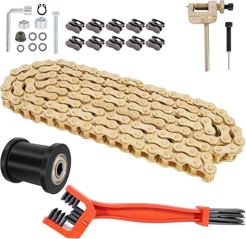 35 Roller Mini Bike Chain, 140 Links Mini Bike Chain with Chain Breaker, Chain Cleaning Brush, Chain Tensioner & 10 Connecting Links for CT100U CC100X DB30 MBX10 MBX11 MM-B80 - Gold in Saudi Arabia