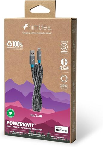 Nimble PowerKnit USB-A to Lightning Charging Cable (1M, MFi Certified, Durable Flex Fabric) for iPhone, iPad, and AirPods, Made from Recycled Plastic and Aluminum in Saudi Arabia