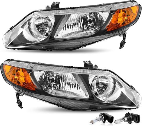 JSBOYAT Headlight Assembly Pair Replacement for 2006-2011 Honda Civic Sedan 4-Door Halogen Headlamp Chrome Housing Amber Reflector (Passenger & Driver Side) in Saudi Arabia