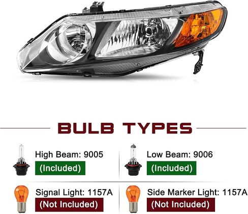 JSBOYAT Headlight Assembly Pair Replacement for 2006-2011 Honda Civic Sedan 4-Door Halogen Headlamp Chrome Housing Amber Reflector (Passenger & Driver Side) in Saudi Arabia
