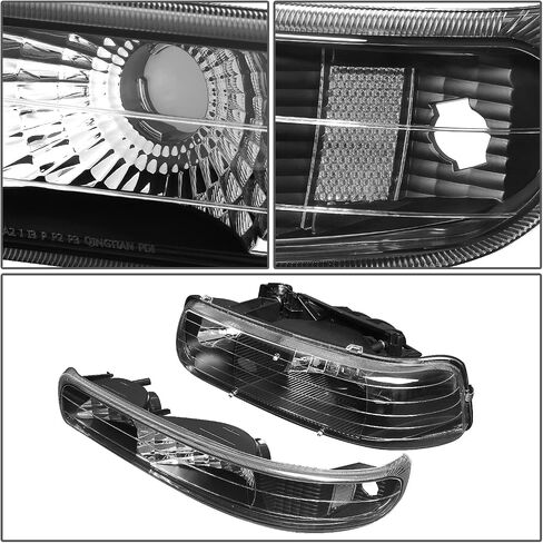 أسرة السيارات 4pcs بقيادة مجموعة المصابيح الأمامية DRL ومصابيح الوفير المتوافقة مع Chevy Silverado Suburban 1500 2500 3500 Tahoe 99-06 ، سائق وجانب الركاب ، عدسة مدخنة Clear Corner in Kuwait