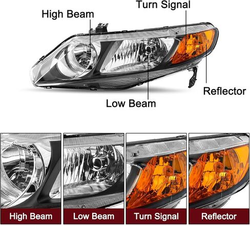 JSBOYAT Headlight Assembly Pair Replacement for 2006-2011 Honda Civic Sedan 4-Door Halogen Headlamp Chrome Housing Amber Reflector (Passenger & Driver Side) in Saudi Arabia