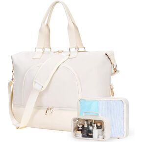 Travel Duffle Bag for Women, BAHIWOM Weekender Bag with Shoe Compartment and Wet Pocket, Carry on Overnight Bag with Toiletry & Cosmetic Bag, Tote Gym Bag for Travel, Yoga, Sports(Beige) in Kuwait