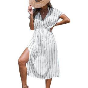 CUPSHE Women's Cover Up V Neck Midi Dress Short Sleeves Beachwear Casual Coverups Striped Summer 2024