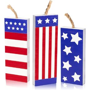 K1tpde 3PCS July 4th Firework Tiered Tray Sign, Memorial Day Wooden Firework Table Decor, Patriotic Wooden Firework Sign for 4th of July Party Decor, Independence Day Home Decorations, Party Supplies