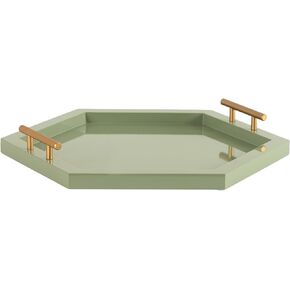 Kate and Laurel Halsey Decorative Hexagon Tray with Gold Metal Handles, 18 x 16, Green and Gold, Modern Glam Serving Tray with Handles for Living Room Decor