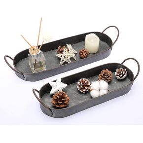 Hipiwe Set of 2 Industrial Style Metal Iron Serving Tray with Handle, Rustic Galvanized Storage Tray Round Coffee Table Home Decor Centerpiece Tray, 13.6 inch and 12.2 inch