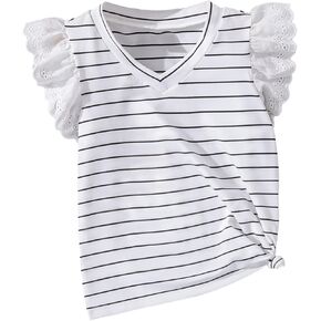 OYOANGLE Girl's Cute Contrast Lace Round Neck Ruffle Cap Sleeve Pullover Blouse Tee Top
