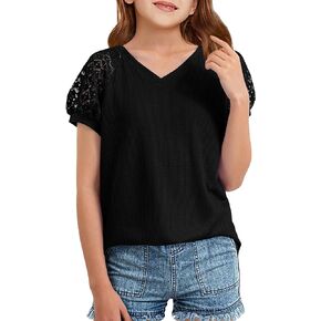 KEREDA Girls Short Sleeve Shirts Summer Lace V Neck Tops Casual Tees Blouse