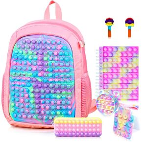 Large Pop Fidget Backpack for Girls, Pop it Bags&pop it Notebook and Pencil Case for Kids' Fidget School Supplies for Elementary Student Stress Relief, Great Birthday Present Gift for Kids
