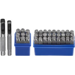 HARFINGTON 36pcs Metal Stamping Kit 3/16" (5mm) (A-Z, 0-8, "&" Symbol) Steel Letter Punch Press Tool with Hole Punch to Stamp on Metal, Plastic, Wood, Leather, Silver
